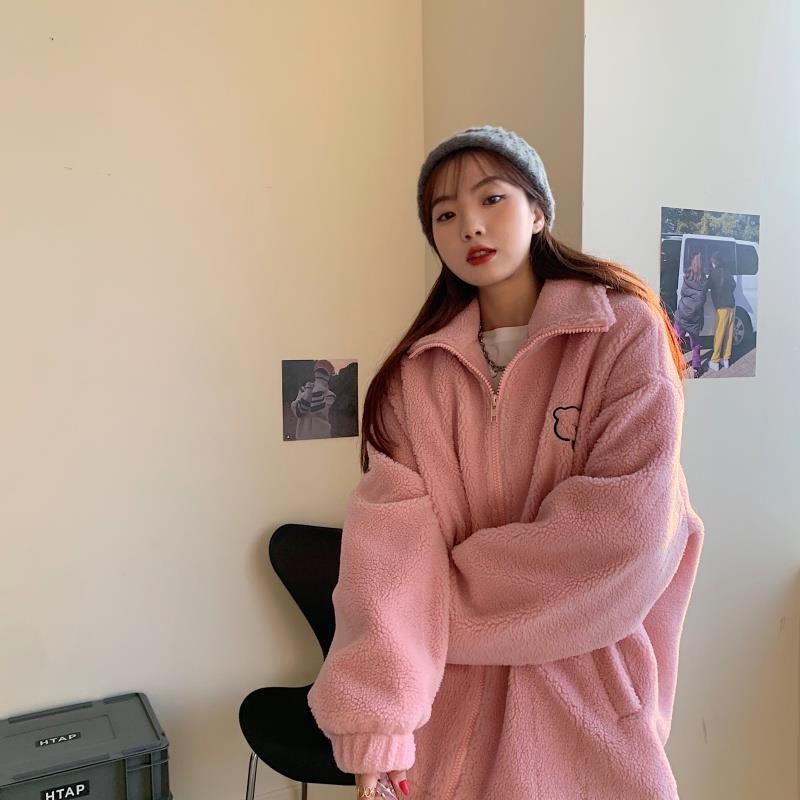 Lamb wool coat female winter student thickened zipper half turtleneck sweater Korean version plush motorcycle clothing loose ins