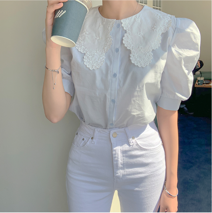 Baby collar short sleeve shirt women's summer French retro temperament bubble sleeve sweet super fairy foreign style small shirt sweet top