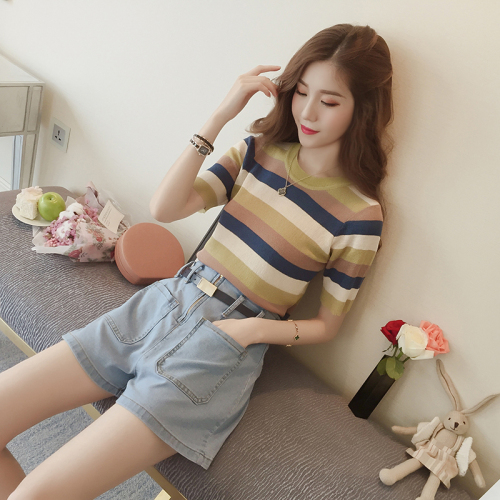 Autumn new Korean style colorful stripe ice silk T-shirt on women's short sleeve round neck thin T-shirt