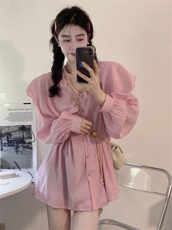Chic French Ruffle baby collar shirt women's design sense of minority long sleeved top loose and chic shirt in spring