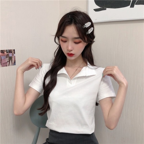 Real shot 100% cotton polo shirt women's short sleeved T-shirt women's solid color pure cotton niche design sense small summer clothes