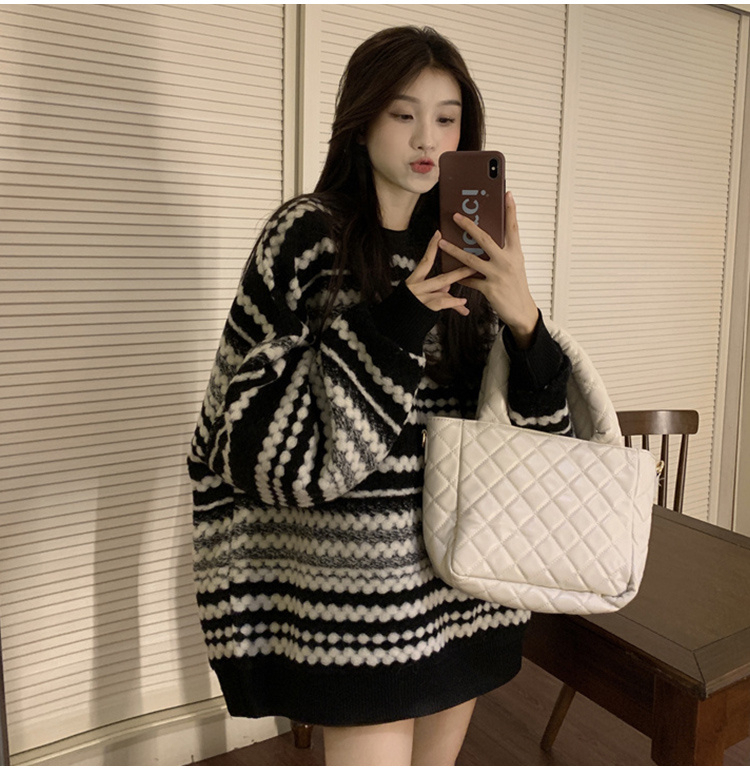Striped pullover sweater women's autumn and winter loose outer wear oversize lazy wind top mid-length 2022 new style