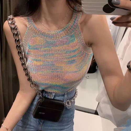 Sleeveless knitting rainbow suspender vest with all kinds of thinness, heart leakage, collarbone hanging neck top, women's summer off shoulder sexy trend