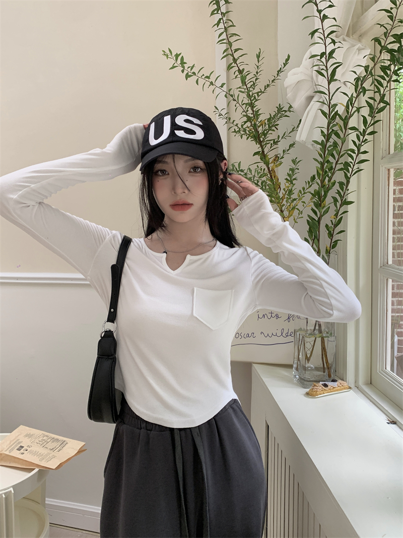 Real shooting real price elastic thread casual thin long sleeves solid color V-neck pocket front shoulders bottoming T women's tide