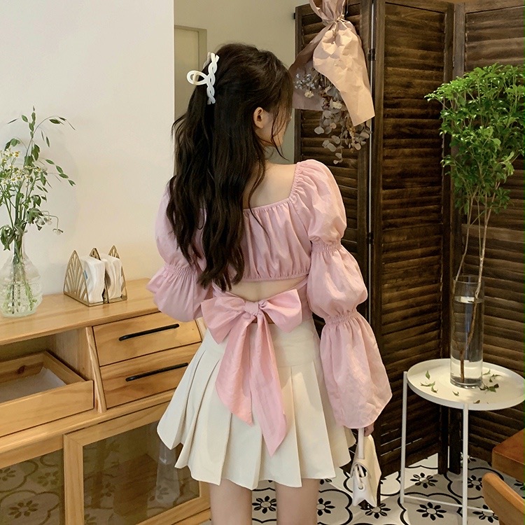 Back bow tie shirt women spring and summer 2023 new sweet bell sleeve slim short long-sleeved top