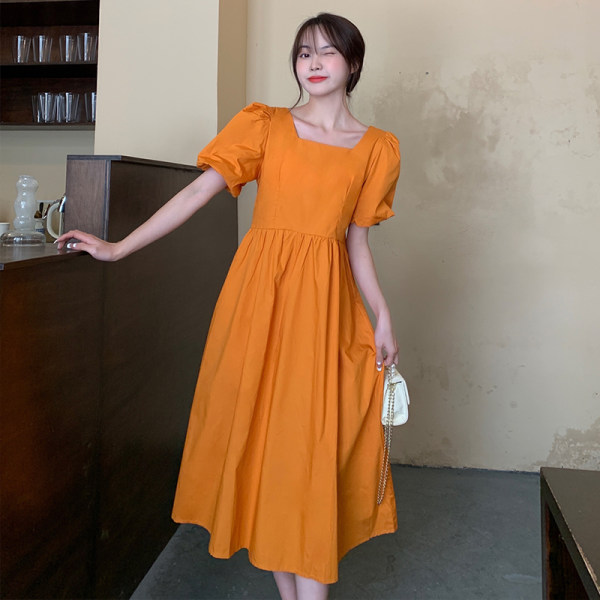 Real shot 2022 double layer sleeve + zipper backless small square neck bubble sleeve Platycodon grandiflorum Dress Medium Length
