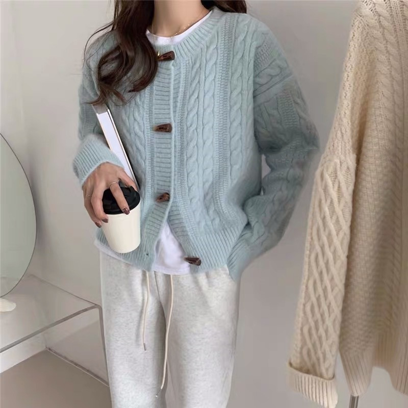 Korea 2021 autumn and winter hemp age reduction warm ox horn button cardigan sweater coat lazy loose versatile coat