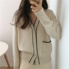 Korean ins style simple line color matching side pocket V-neck knitted cardigan loose coat sweater