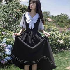 Summer Japanese retro college style small fresh suspender dress female student medium long Korean loose A-line skirt