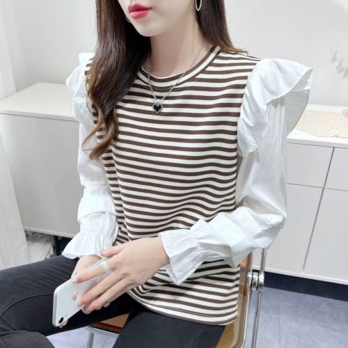 2022 Korean autumn new personality striped stitching long-sleeved shirt design sense niche puff sleeve fake two-piece top
