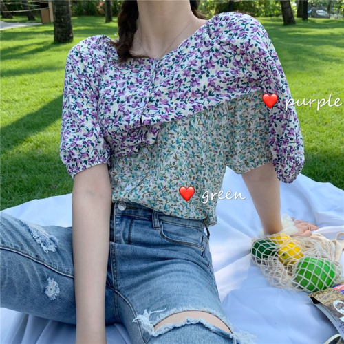 Women's new summer small floral retro square collar short sleeve single breasted top