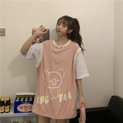 6535 cotton  summer mid-length bear short-sleeved T-shirt female students all-match ins tide