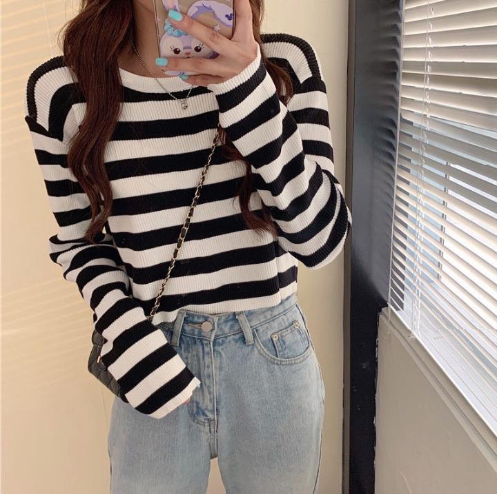 Korean Pullover stripe contrast color knitted long sleeve short navel top for women