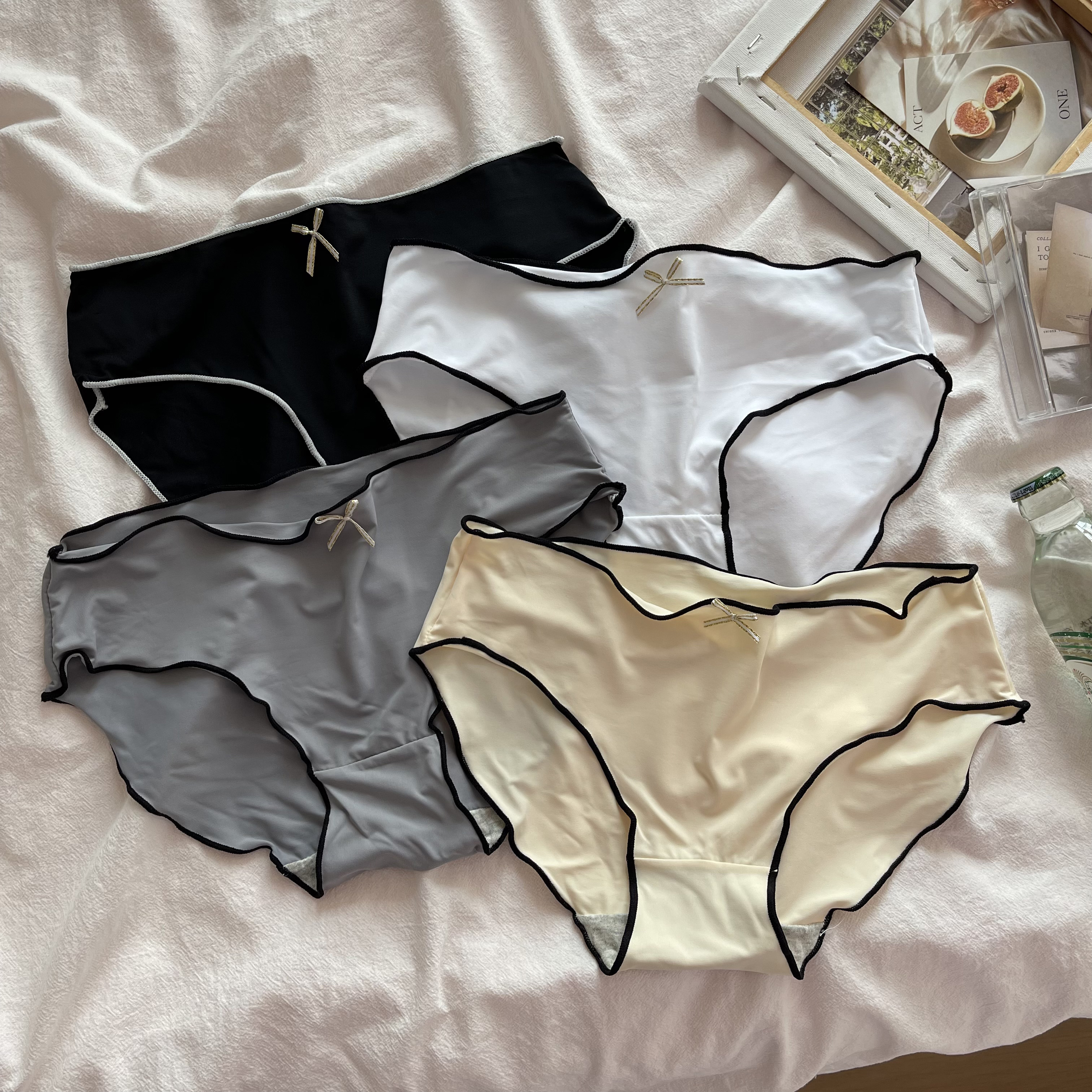 Real price solid color simple sweet girl bow middle waist ice silk underwear triangle Leggings women's 4 Pack