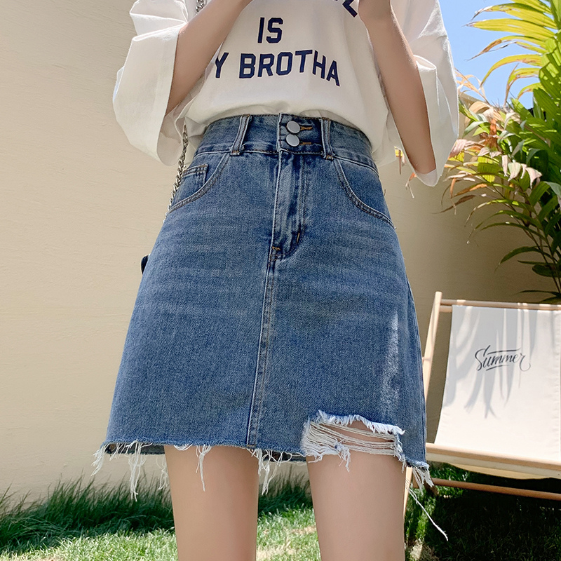 Real shot high-waisted denim skirt slimming niche pleated a-line skirt women's spring and summer new irregular skirt
