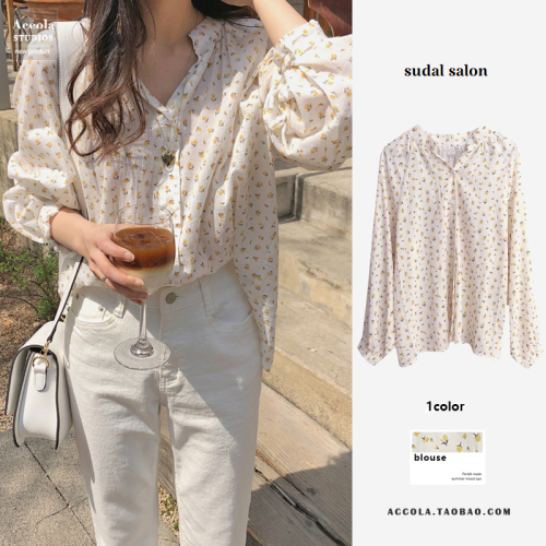  South Korea autumn new fresh broken flower top retro French minority bubble sleeve shirt girl's feeling versatile