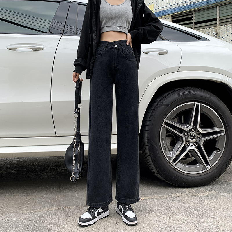 Real shot black gray straight jeans autumn and winter high waist thin irregular design feeling loose wide leg mops