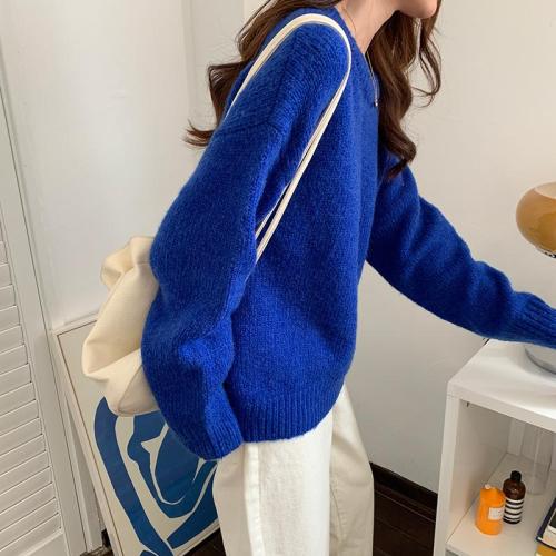 Royal Blue mohair sweater women's loose lazy versatile Pullover autumn and winter wear Klein Blue Sweater Top