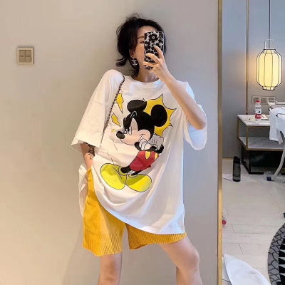 Summer new two piece loose cartoon Mickey cotton T-shirt + ice silk knitting casual shorts
