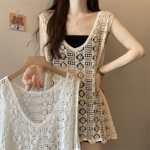 Summer new style literary retro hollow knitted vest women's loose pullover sleeveless blouse vest summer outer suspender belt