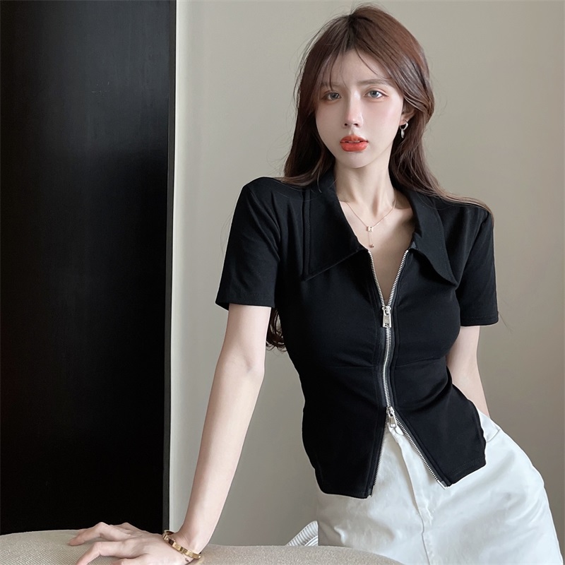 Real price!  2023 new summer French retro lapel irregular high-end slim and versatile T-shirt