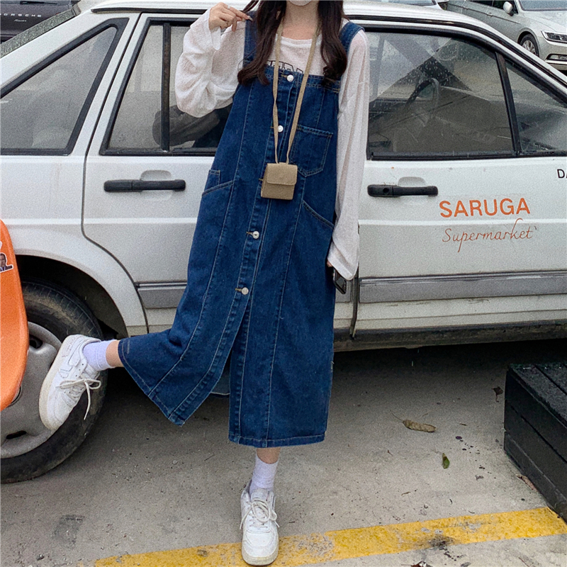 Real shooting autumn new large women's dress Korean cowboy strap medium length dress