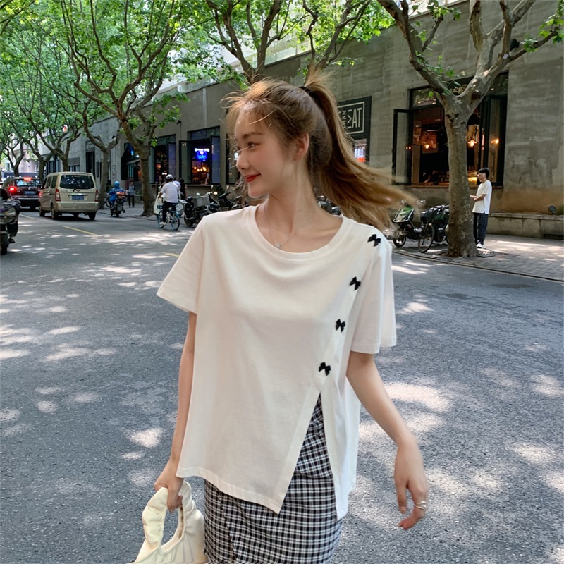 Real shooting cotton short sleeve T-shirt women's summer dress design sense of minority bow split loose top