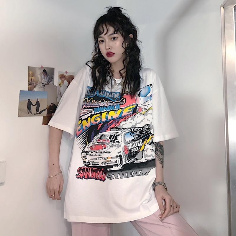 Real shot short sleeve t-shirt female foreign trade street personality trend medium length loose large size top