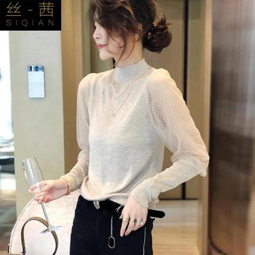 Foreign style lace stitched sweater women's high neck temperament bottomed thin top autumn and winter Europe station