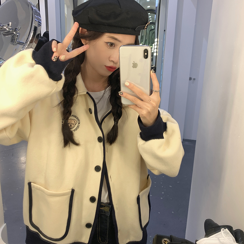 Embroidered bear lapel jacket college casual loose cardigan plus velvet Korean autumn and winter