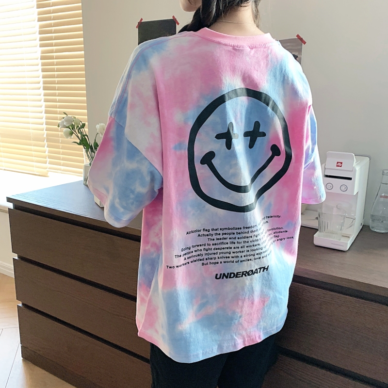 Real shot cotton short sleeve tie dyed T-shirt women's contrast loose size top summer new product