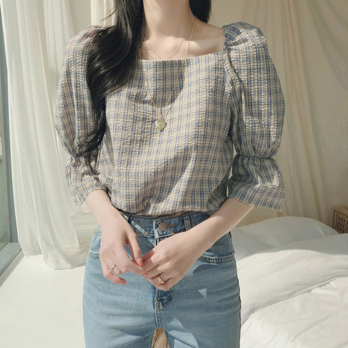 Plaid Shirt women's spring and summer small fragrant square collar trumpet sleeve western style retro sweet super fairy backless Blouse Top