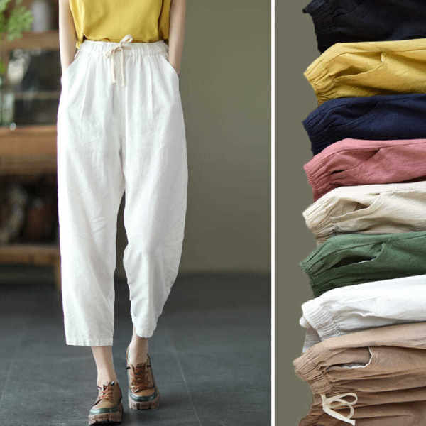 Cotton linen pants women's elastic waist loose casual pants 2021 summer new retro slim tie radish Harem Pants