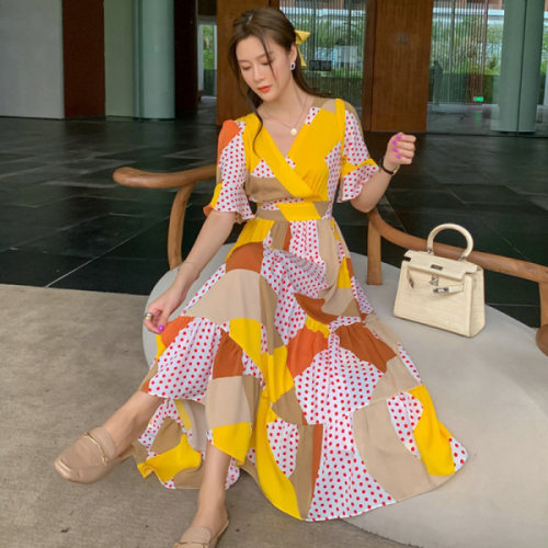 Summer new style design, waist closing Ruffle chiffon dress, women's yellow wave dot printed dress