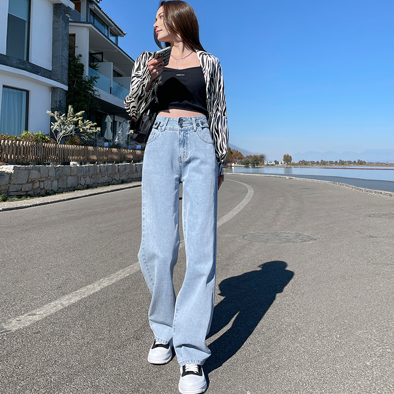 Real shooting of spring new high waist adjustable waist straight jeans women's hanging feeling high waist SLIM STRAIGHT wide leg pants
