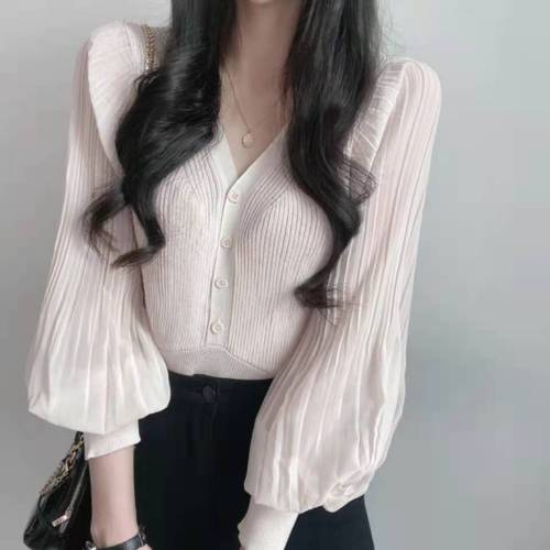 Korean chic fashion temperament 2021 summer new slim Chiffon stitched V-neck cardigan women's sweater