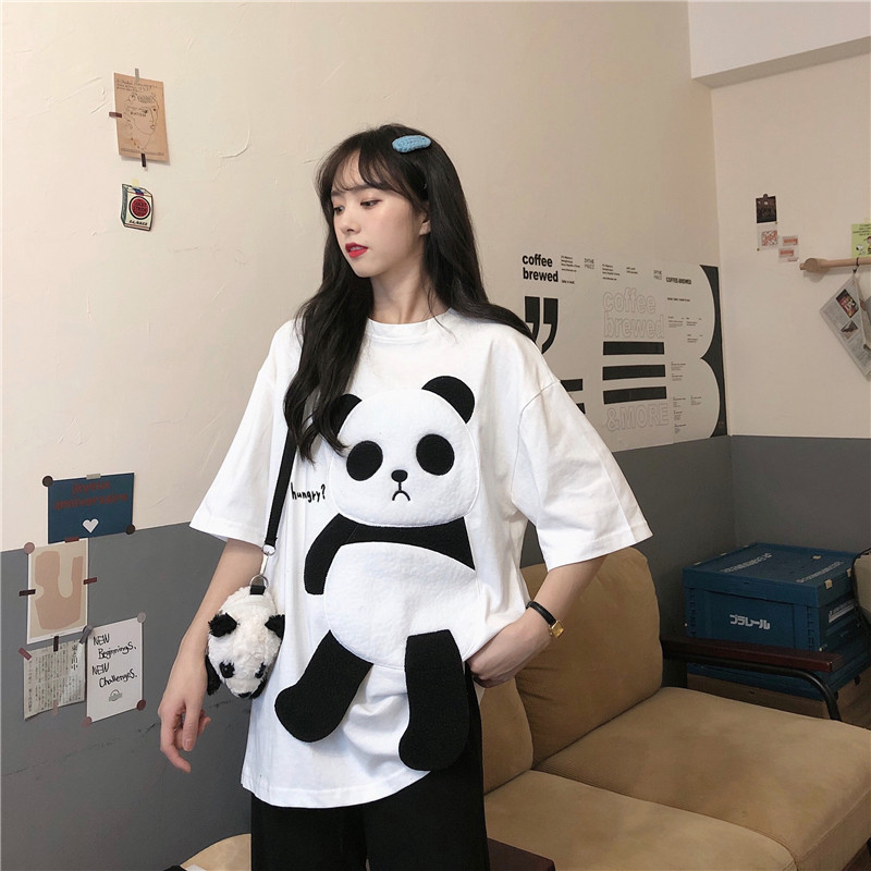 Real photo 2020 new cartoon hairy panda letter embroidery girl's Short Sleeve T-Shirt