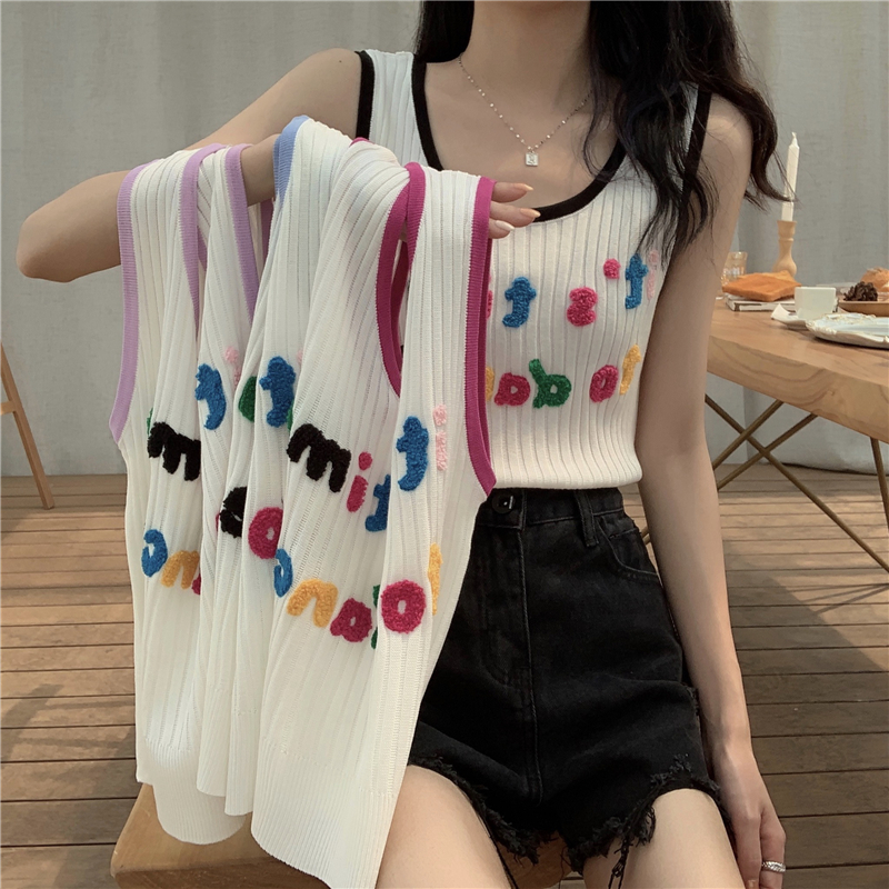 Real price new stereo embroidery contrast casual knitted sleeveless vest for women