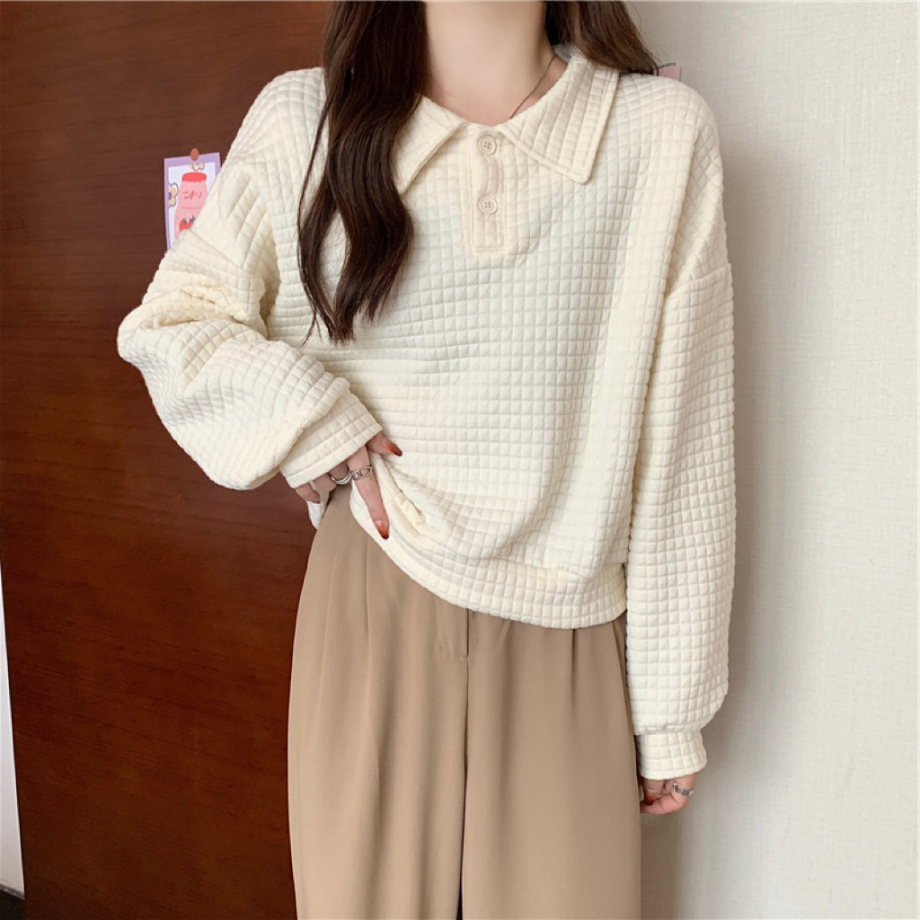 Polo collar sweater women's 2022 new autumn small oversize American long-sleeved short no cap
