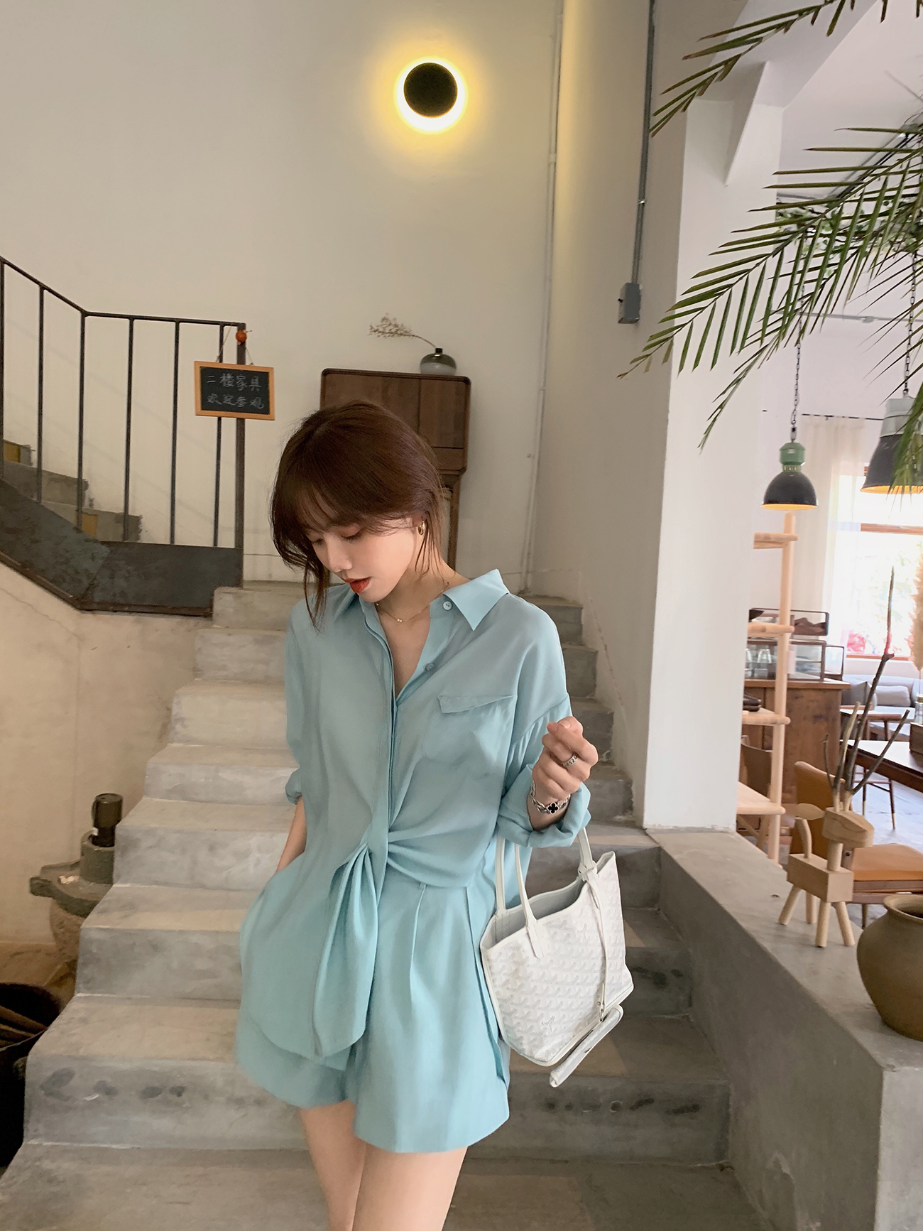 Smart time light oxygen ~ lazy style shirt + loose shorts, two piece suit