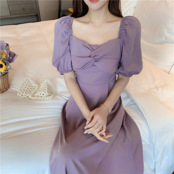Purple dress women's summer new sweet retro French girl spirit Hepburn style knee length skirt