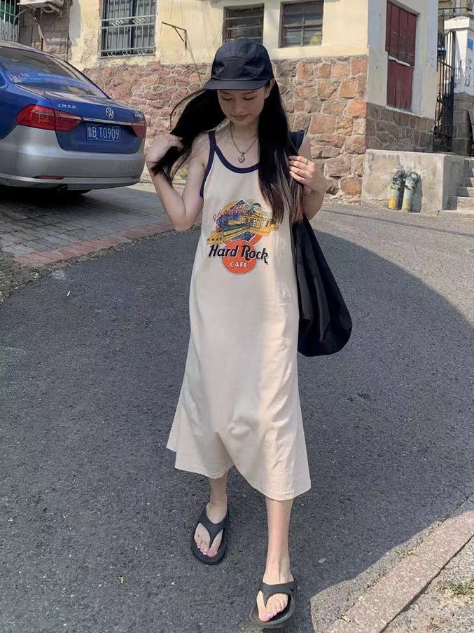 American Sleeveless Sling Vest Dress Female Summer Backless Casual Long Dress Lazy Wind Holiday T-shirt Skirt