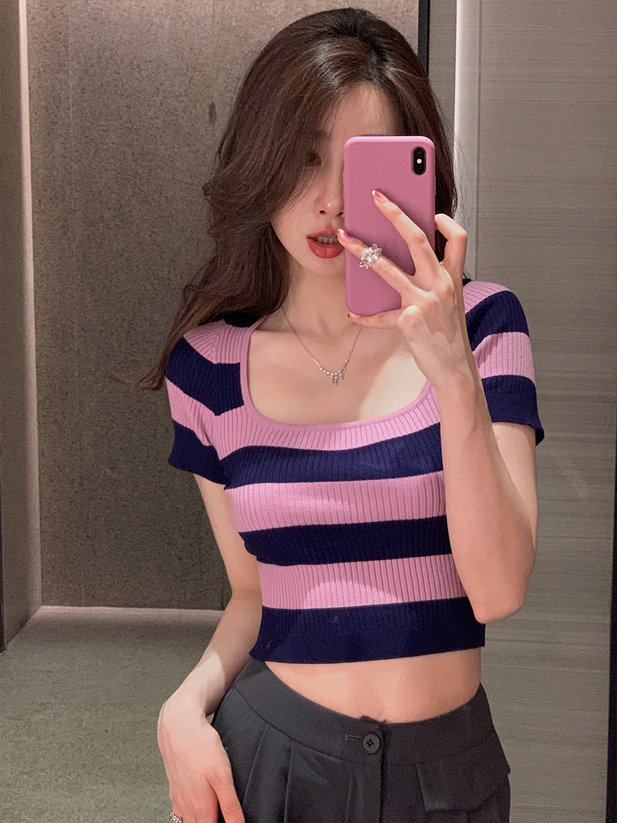 Pure sweet and spicy square collar thin knitted short sleeve T-shirt women's summer 2022 new striped short