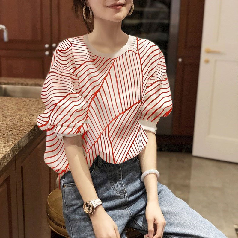 Korean summer new Red Lantern Sleeve women's stripe short sleeve loose round neck bubble sleeve top