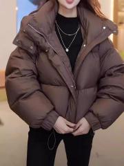 Winter 2024 New Arrival Maillard Brown High-End Feather Cotton Hooded Jacket for Petite Women
