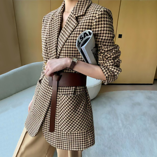 Thousand bird check wool suit coat women's middle long autumn and winter new style versatile Plaid Wool Coat women