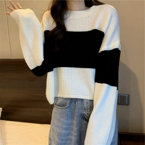 Japanese color matching sweater women's spring and autumn outer wear 2022 new loose pullover lazy style short knitted sweater top