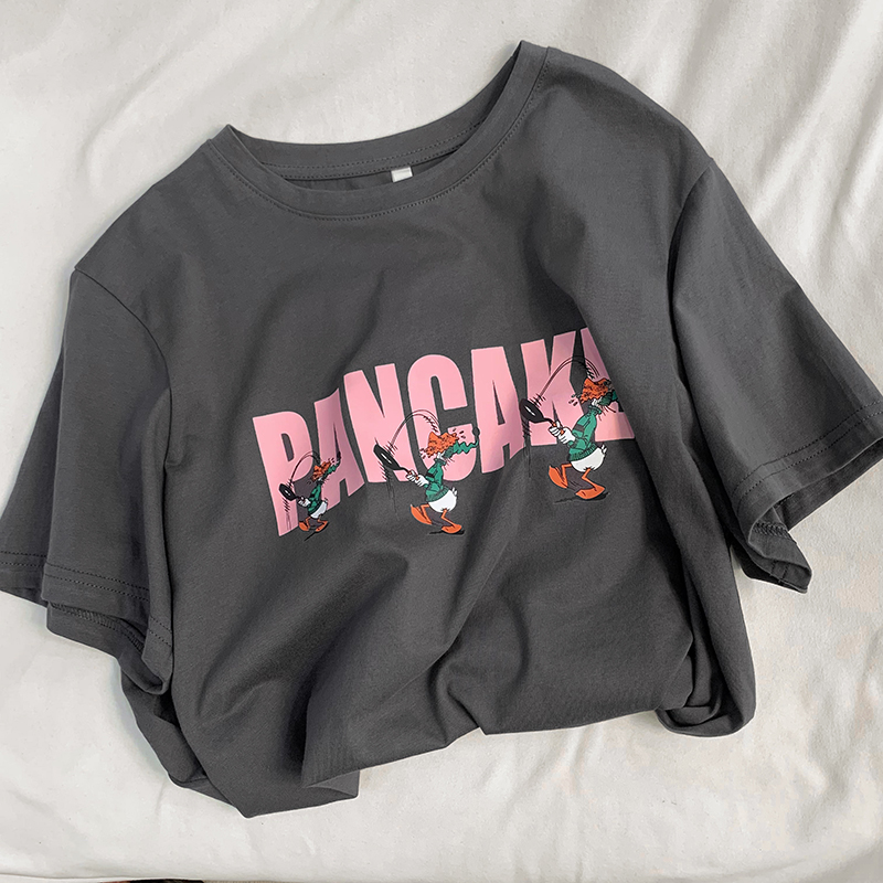 Real shot cotton letter printing short-sleeved T-shirt women's summer loose commuter wild Korean version bt Harajuku style retro top