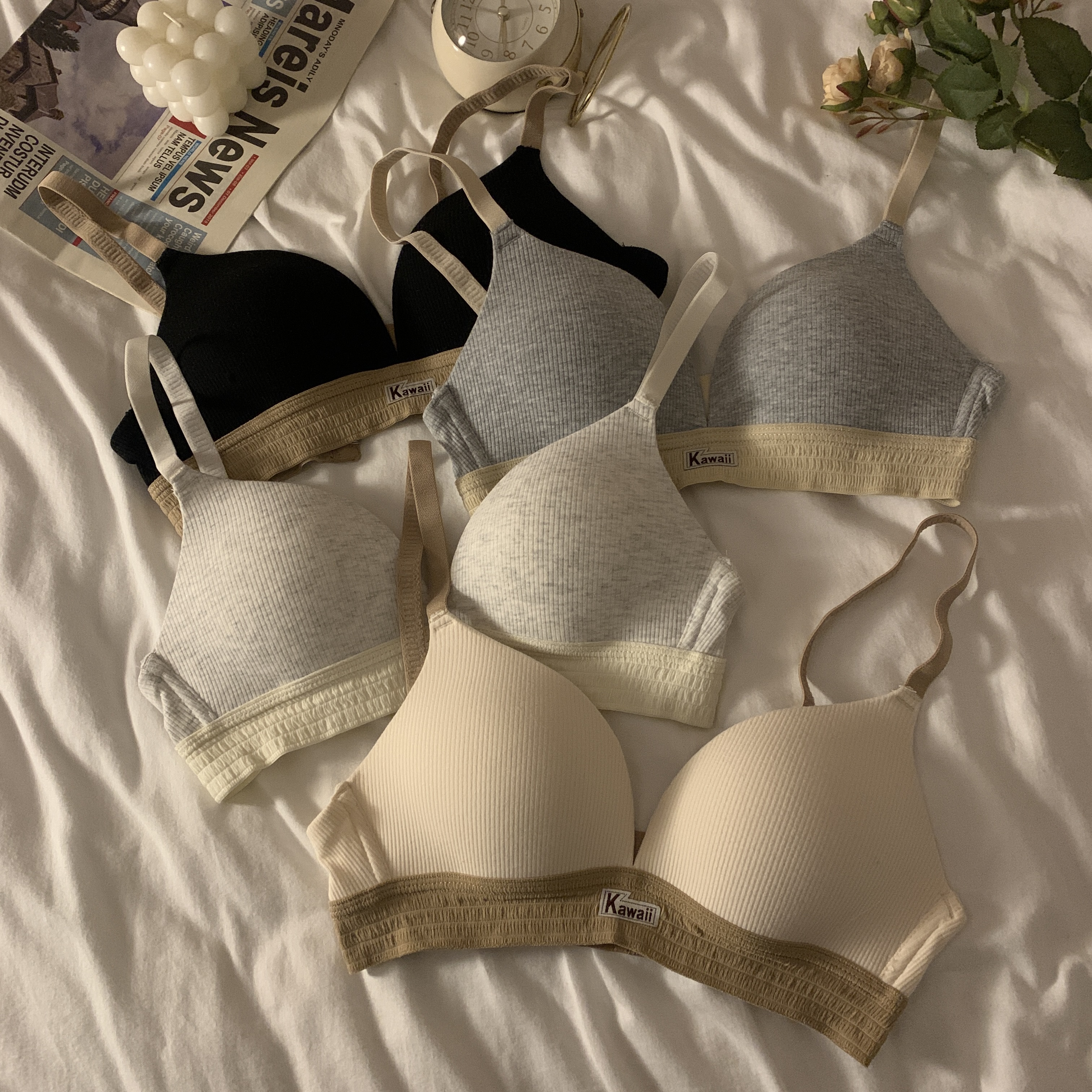 Real shot real price Contrasting color letter thread triangle cup underwear no steel ring comfortable bra beautiful back sports bra for women