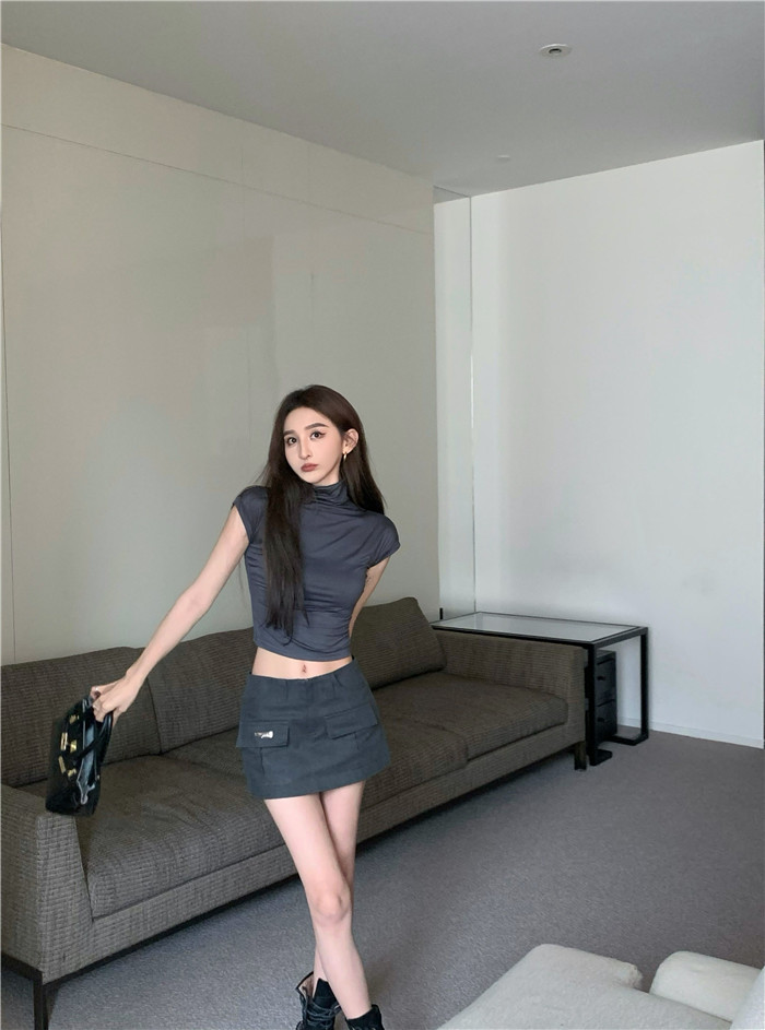 Real shooting real price Retro Korean version of short-sleeved high-neck comfortable top + high-waist workwear skirt